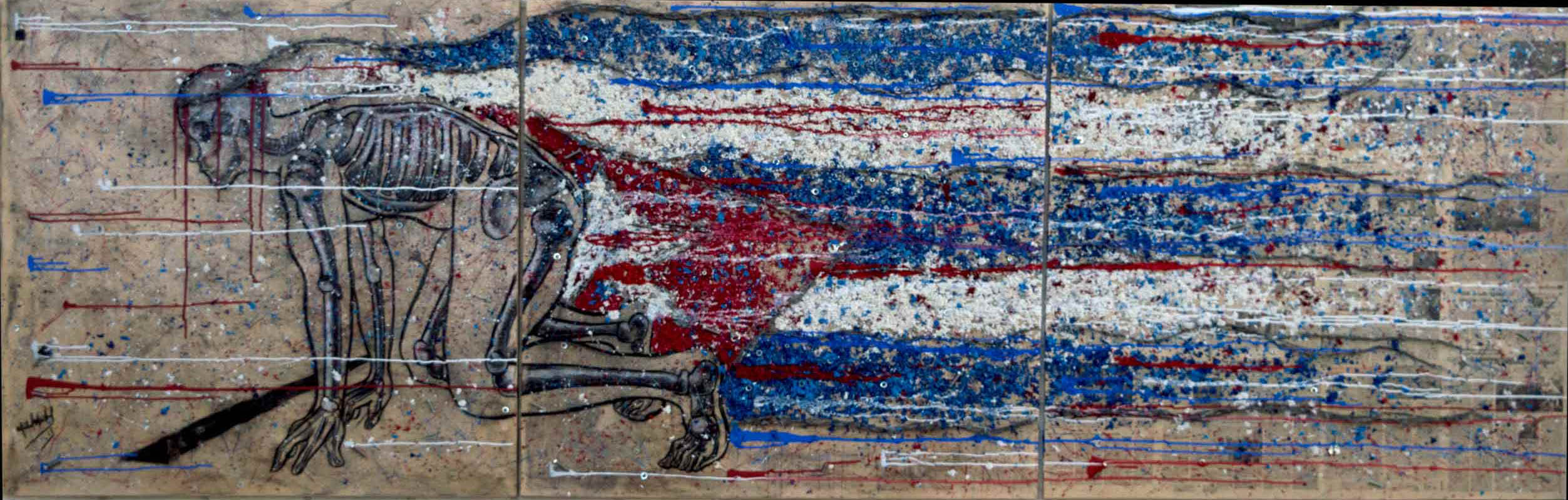 De la serie Banderas, Carrera de relevo, 2019, técnica mixta sobre madera, 3,45 x 1,15 metros.